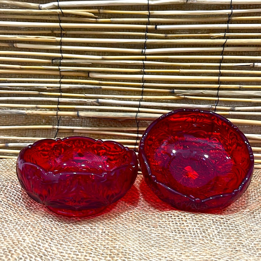 Set of 2 Cadmium Mosser Red Depression Glass Bowls Candy Dish !Glows!